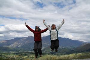 Gay Ski Week QT organisers Mandy (left) and Sally Whitewoods jumping into Gay Ski Week .